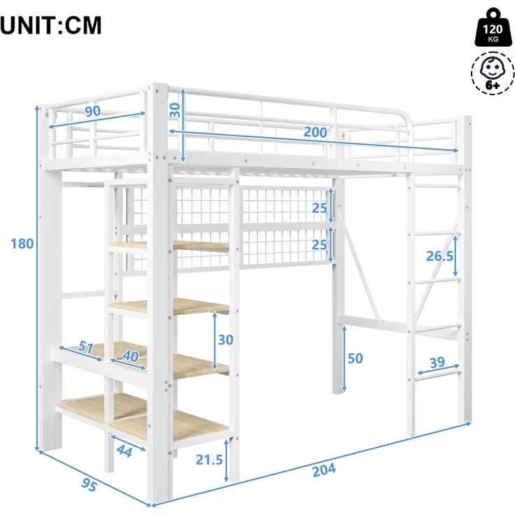 EINHOM Hochbett, 90 x 200 cm, Eisenrahmen, Ablagefach, Netz zum Aufhängen von Gegenständen, mit Kleiderstange, Offener Raum unter dem Bett, mit LED-Lichtleiste, Weiß (Ohne Matratze) – Bild 2