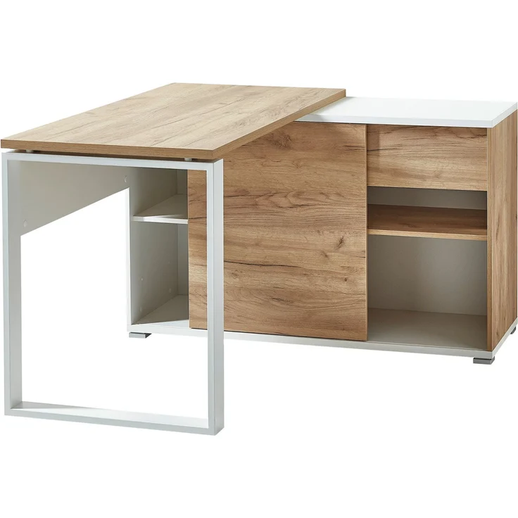 bümö Schreibtisch 120x60 cm mit integriertem Sideboard in Weiß-Eiche, Eckschreibtisch mit Schubladen & Regal - Winkelschreibtisch L-Form, PC Tisch, Computertisch für's Büro, Bürotisch, HYWS-513 – Bild 1