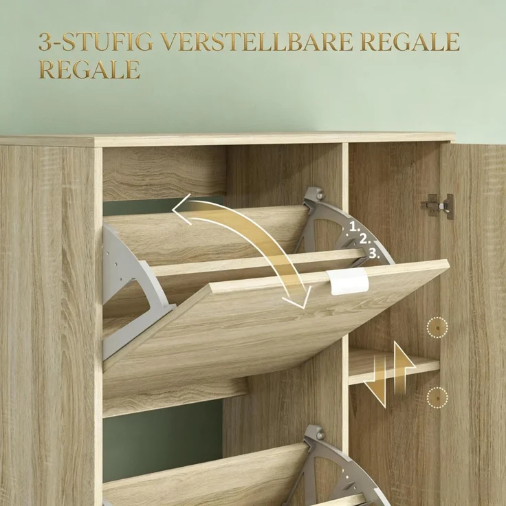 Schuhschrank mit 4 Klapptüren, 2 Schränken und Spiegelfronten für 16 Paar Schuhe, Eingangsmöbel--Eiche--82x30x168cm--YOUDENOVA – Bild 5