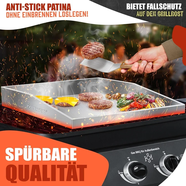 KESSER® Grillplatte Plancha aus Edelstahl 40x30cm rostfrei mit Fettablauf, hitzebeständig bis 800°C & Spülmaschinenfest für Gas & Holzkohlegrill inkl. 2 Spatel, Grillschürze, Grillmatte & Rezeptbuch Weiß, Plancha – Bild 5