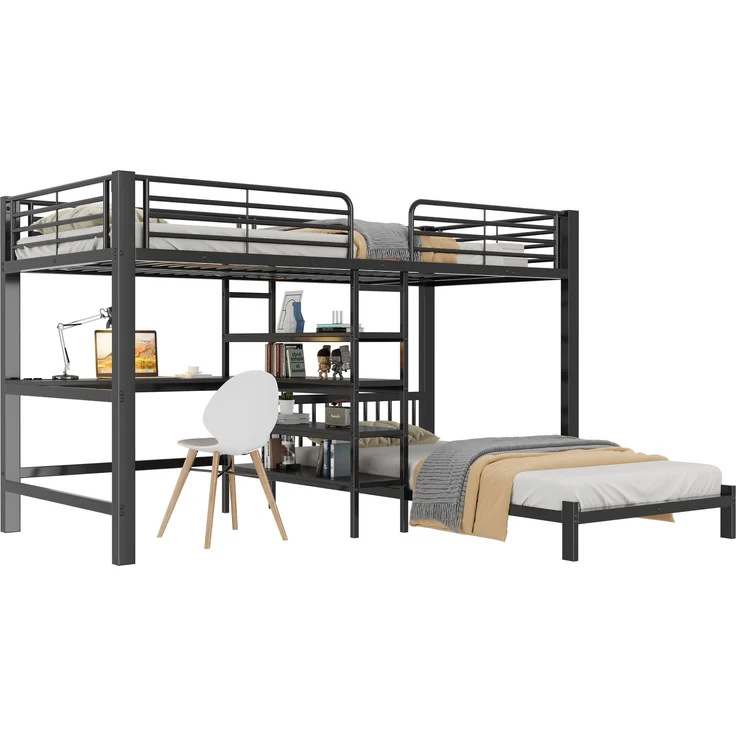 Zwei Schlafplätze,Hochbett,Eisenrahmen,90 x 200 cm,Schreibtisch,Doppelsteckdose mit USB- und Type-C-Schnittstelle,3 mehreren Regalen,Kopfteil-Ablage,EN747zertifiziert,Ohne Matratze,Schwarz – Bild 8