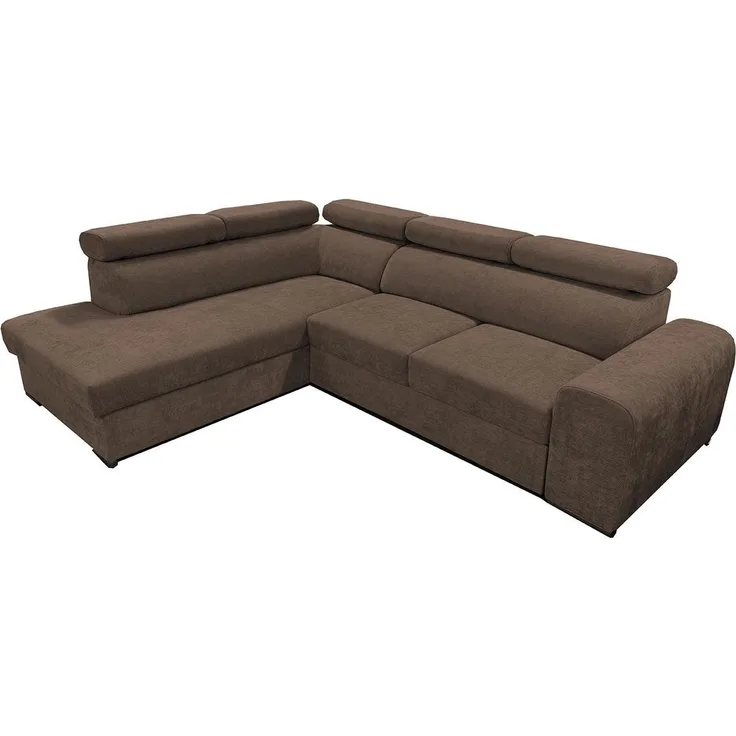 Wohnero24 Ecksofa PAVONE 4 208x263 cm – modernes Chenille Sofa Dunkelbraun mit Schlaffunktion 190x125 cm & Bettkasten, verstellbare Kopfstützen