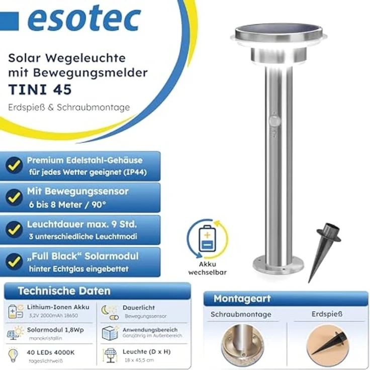esotec LED Solarleuchte PIR Edelstahl Standleuchte Tini H=45cm 4000K 40 LEDs outdoor 102596, LED fest integriert – Bild 2