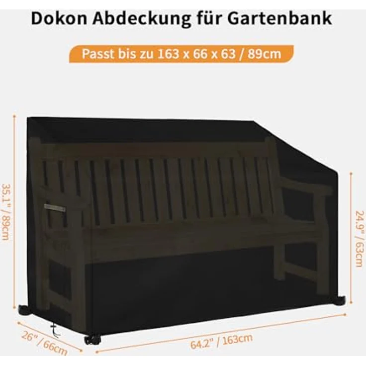 Dokon 3 Sitzer Gartenbank Abdeckung mit Belüftungsöffnungen, Wasserdicht Winddicht UV-Beständiges Schwerlast 600D Oxford Gewebe Schutzhülle für Gartenbank, Gartensofa (163 x 66 x 63/89cm) - Schwarz – Bild 3