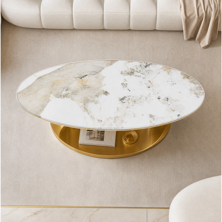 Ovaler Couchtisch 120 x 67 x 45 cm mit Tischplatte in weißer Marmoroptik und goldfarbenem Edelstahlgestell – Bild 2
