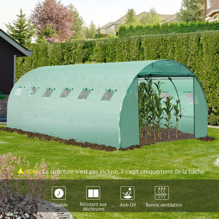 Ersatzplane für Tunnelgewächshaus 18 m², Plane 6 x 3 x 2 m, UV-beständiges, wasserdichtes PE, 12 Fenster + Rolltor mit Reißverschluss, grün – Bild 6