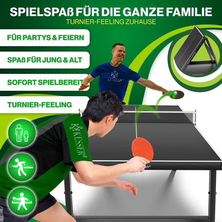 KESSER® Tischtennisplatte Mini mit Tischtennisschläger-Set, Tischtennisbällen und TT-Netz | Indoor | Unterwegs, laminierte Platte + klappbar – Kofferdesign, Kinder und Erwachsene – 153 x 76,5 cm Schwarz / Schwarz – Bild 4