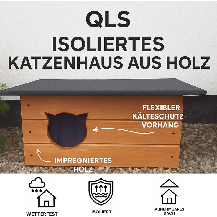 QLS Katzenhaus Isoliert aus Holz 60x40x40 cm, Outdoor Draußen Winterfest mit Vorhang, Teak – Bild 9