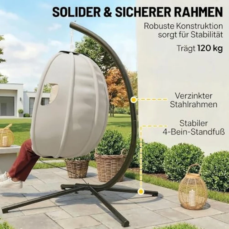 Outsunny Hängesessel Gestell mit dick Sitzpolstern, verstellbarer Höhe, Schaukelsessel (Eiförmiger Hängeschaukel, 1-St, faltbar Hängekorb), für Indoor Outdoor Garten Hellgrau – Bild 6
