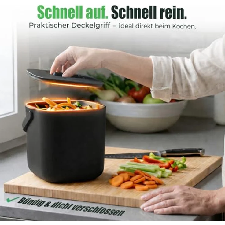 YourCasa Biomülleimer Küche - 4L Komposteimer für alltäglichen Biomüll Behälter - Spülmaschinenfest - Geruchsdicht - Sieb - Bio Mülleimer klein mit Deckel Eimer Bioabfallbehälter Biotonne (4L Schwarz) – Bild 7