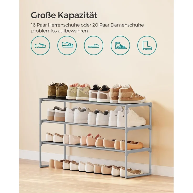 Songmics Schuhregal mit 3 Ebenen, Schuhständer aus Metall, Schuhaufbewahrung, Schuh-Organizer für 12-15 Paar Schuhe, stapelbar, für Flur, Wohnzimmer, Schlafzimmer, 30 x 92 x 55 cm, grau LSA303G01 – Bild 4