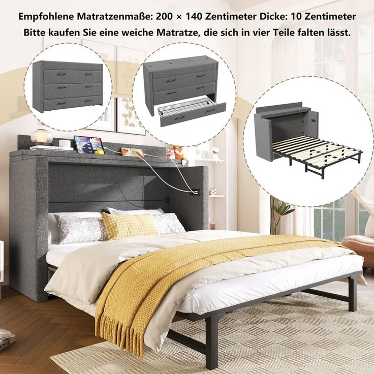 Odikalo Schrankbett Polsterbett Einzelbett 140x200 mit Schublade und USB (Mit einer Schublade,Mobiles Schrankbett mit Ablagefach am Bett, mit USB- und Typ-C-Anschlüssen, Umbaubares Plattformbett, Ohne Matratze,Leinen, Beige) /gray – Bild 2