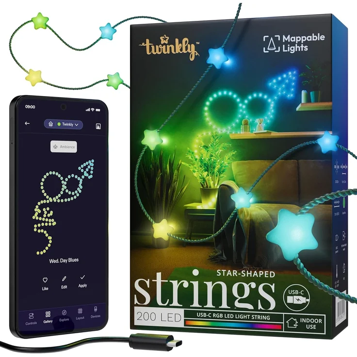 Twinkly Strings Star 200 LED, Sternförmige LED-Lichterkette, RGB LED-Lichter, Kompatibel mit Alexa & Google Home, Gaming-Lichter, Stromversorgung über USB-C, Grünes Kabel, 2x6 m