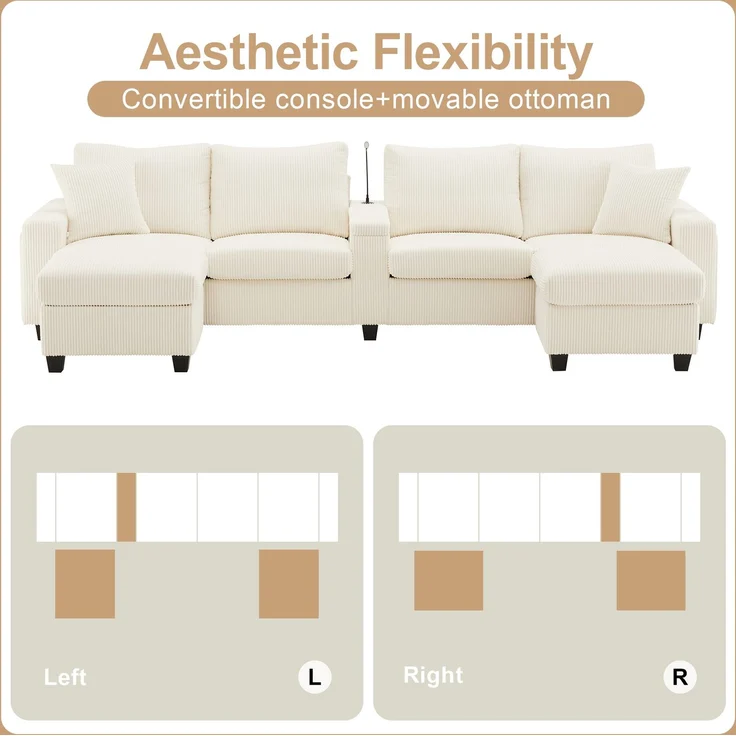 Cord-Sofa mit 2 Stauraumhockern, Leselampe, Klappkonsole, App-LED und USB-C, U-förmige Lounge-Couch mit Getränkehalter, Beige – Bild 6