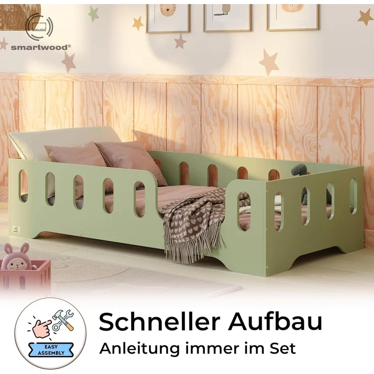 smartwood Kinderbett Bodenbett 120x190 mit Rausfallschutz & Lattenrost - Grün - Kinder Montessori Bett TILA 2P mit glatten Kanten - Betten für schnelle Montage - Bis 300 kg belastbar – Bild 4