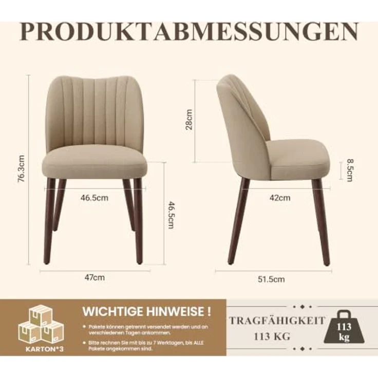 MALOL Esszimmerstühle 6er Set, Polsterstühl mit Rückenlehne, Ergonomisch Gepolsterte Küchenstühle mit vertikaler Rillenlehne, Moderne Esszimmer Stühle für Esstisch Wohnzimmer Café Restaurant, Kamel – Bild 2