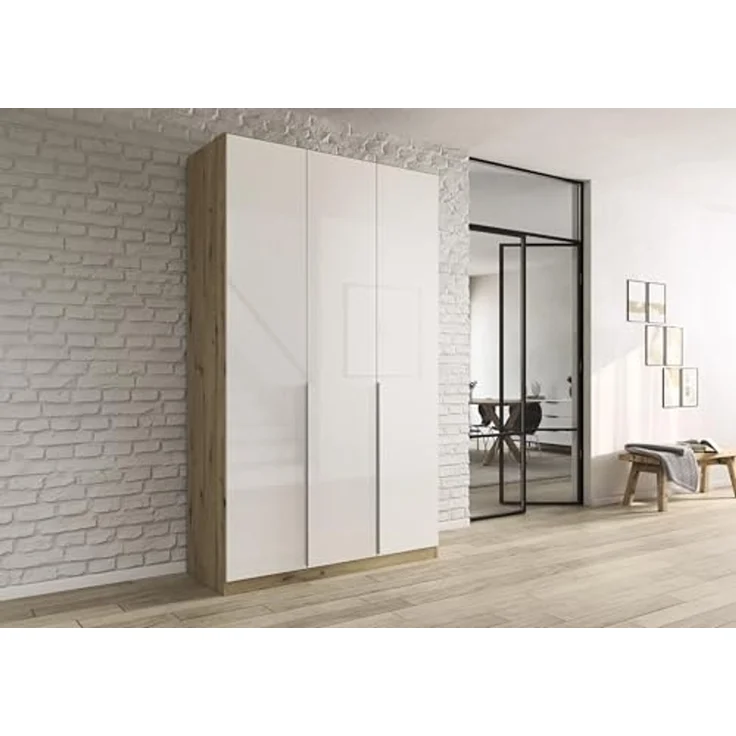 Rauch Möbel Alabama, Kleiderschrank für Schlafzimmer, Kinderzimmer, Wohnzimmer, Garderobe, Flur, 3-türig, mit Zubehör Basic, Farbe Weiß Hochglanz/Eiche Artisan, Holz, Breite 136 cm – Bild 2