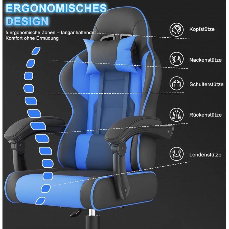 Devoko Gaming Stuhl mit Massagefunktion, Bürostuhl Ergonomisch mit Verstellbarer Ruckenlehne (90-135), Schreibtischstuhl mit Bewegliche Armlehne, max 150kg, Blau – Bild 8