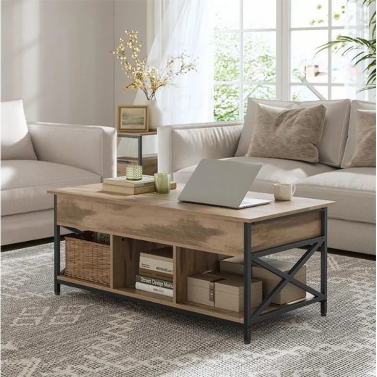 Vasagle Couchtisch, höhenverstellbarer Wohnzimmertisch, Kaffeetisch, offener und versteckter Stauraum, X-Streben, 60x120 x (48-62) cm,kamelbraun-schwarz