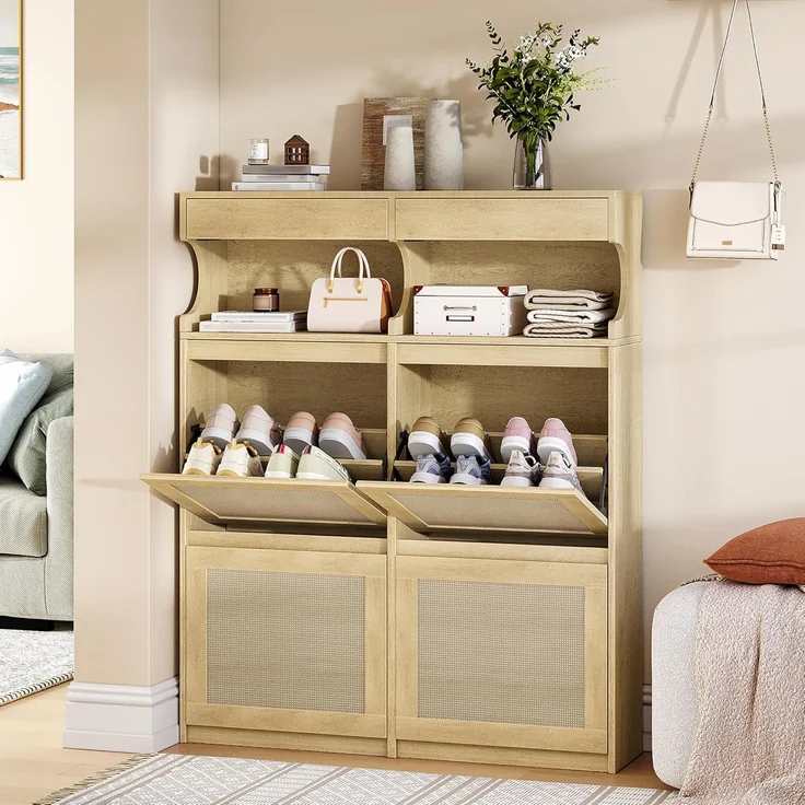Schuhschrank, Schuhregal Schuhkipper Schmal, Verstellbar, Schuhkommode für Eingang, Flur, Garderobe, 20 Paar, 4 Klappen (100B cm), Gelb – Bild 1