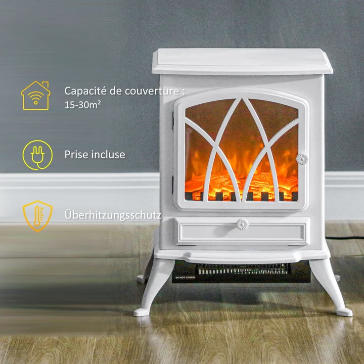 JARDJ Freistehender elektrischer Kamin 1000/2000 W, dekorativer Kamin mit LED-Flammeneffekt, weiß, 45*28,5*54cm – Bild 6