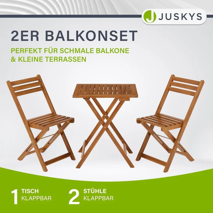 Juskys 'Bala' Balkonmöbel Set - Sitzgruppe 3 teilig für 2 Personen, klappbar, Akazienholz natur, 60 x 56 x 72 cm – Bild 2