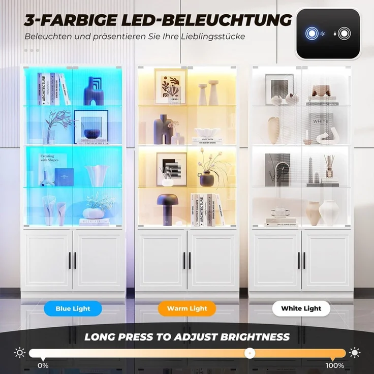 Glasvitrine 76x35x170 cm, 4-stöckige Vitrine mit Glastüren und verstellbaren Glasböden, LED-Beleuchtung und Sensor, Weiß – Bild 3