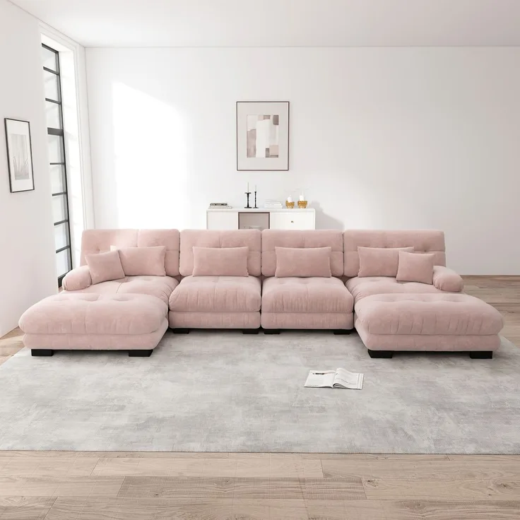 Ecksofa, Modulares U-förmiges Couch Set für Wohnzimmer 4-Sitzer komfortable Cloud Couches mit beweglichem Ottoman DIY-Kombination, Chenille, Rosa