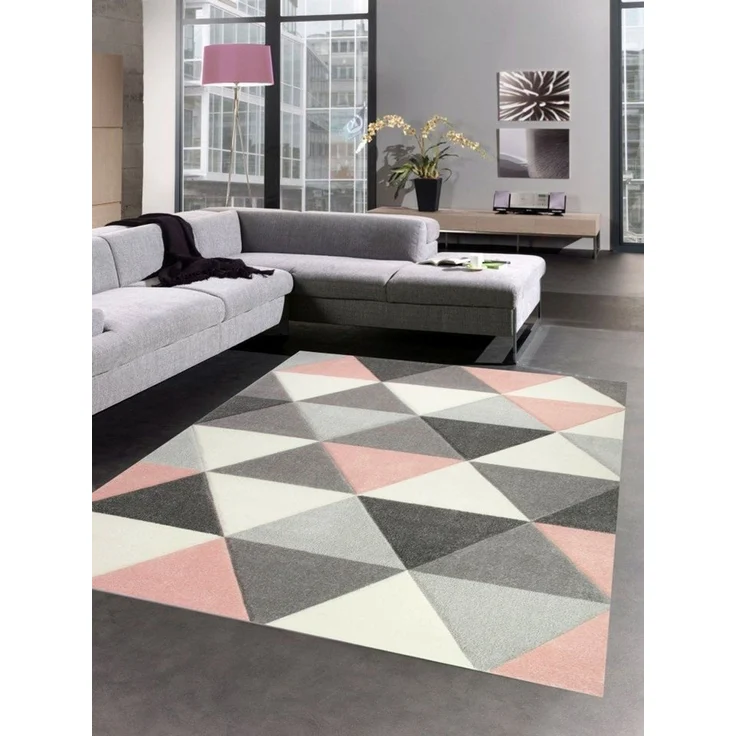 Carpetia Teppich Teppich Wohnzimmerteppich Dreieck rosa grau creme, rechteckig, Höhe: 13 mm – Bild 1