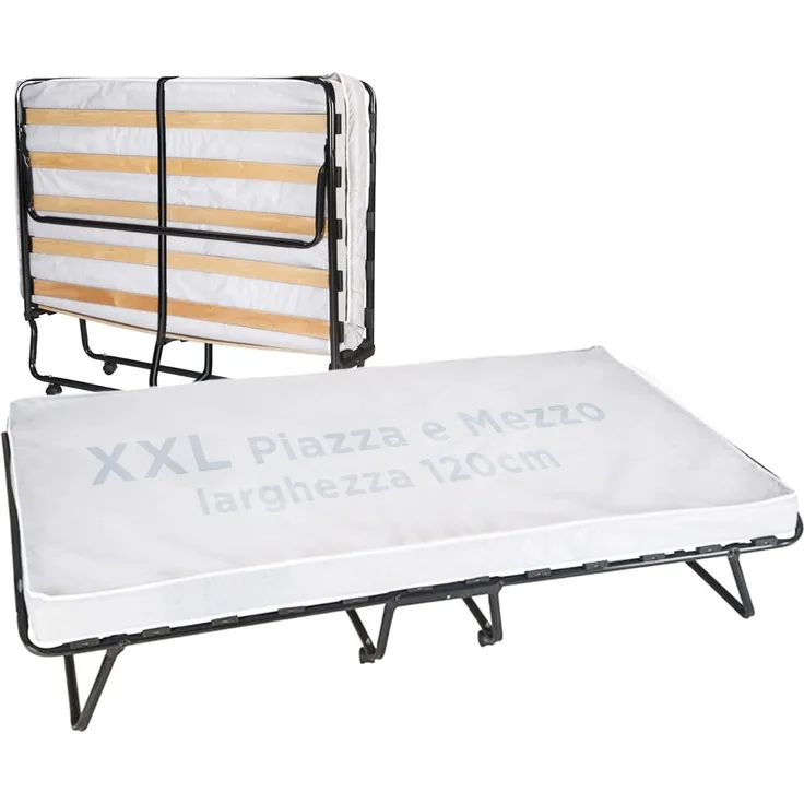 Cortassa - Klappbett XXL, 120x200 cm, französisches Bett mit Matratze Höhe 10 cm, Lattenrost aus Holz, platzsparendes Bett mit Rollen (mit Matratze aus Polyurethan, Breite 120 cm)