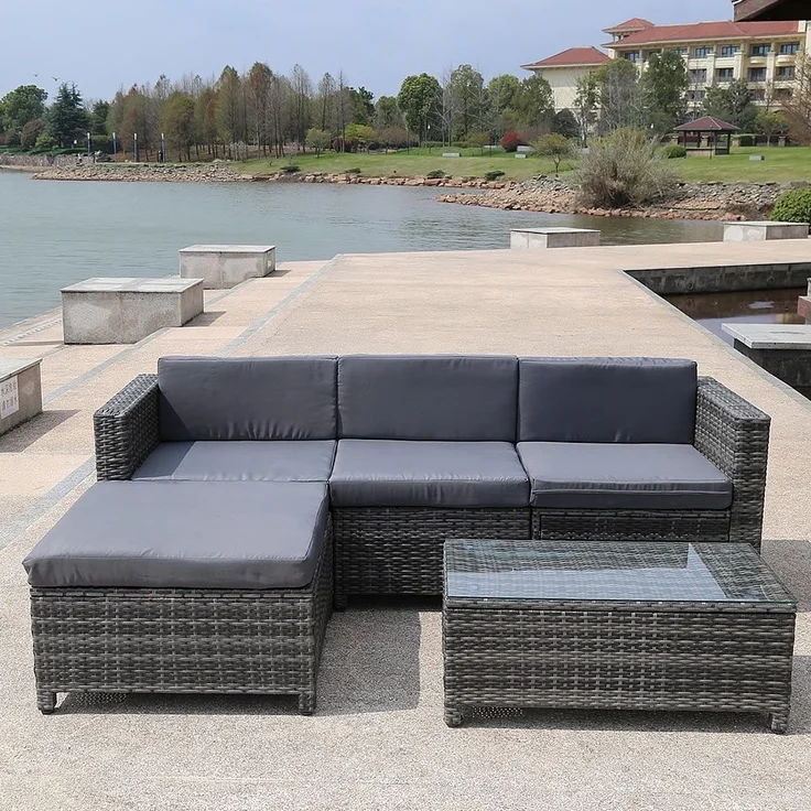 Polyrattan Lounge Gartensofa Set Hocker Tisch Sitzgruppe Grau Rattanmöbel Liege – Bild 2