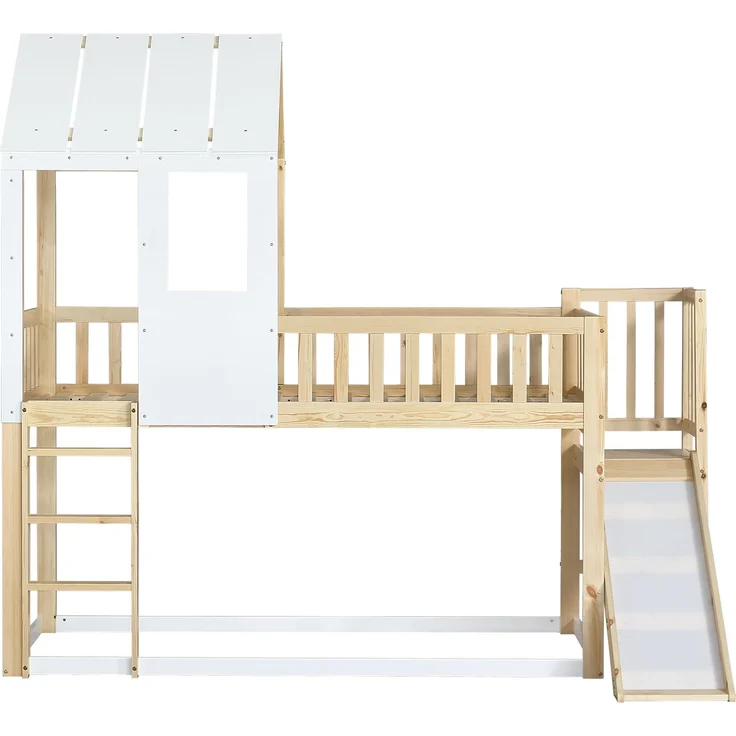 Merax Etagenbett mit rechtwinkliger Leiter und Rutsche, Hausbett mit Dach und Fenster, Kinderbett mit Fallschutz und Gitter, Rahmen aus Kiefer, Natur+Weiß (90x200cm) – Bild 8