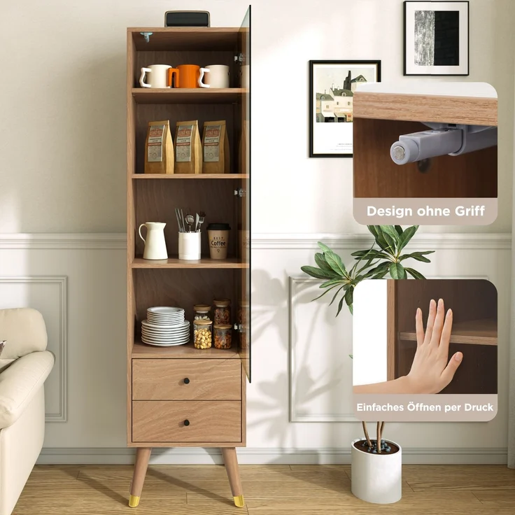 Moderner Hochschrank mit Glastür, Vitrinenschrank mit verstellbaren Regalen und 2 Schubladen, Standschrank für Wohnzimmer, Bad & Büro in Holz-Optik--Holz--39.8x35x160cm--YOUDENOVA – Bild 6