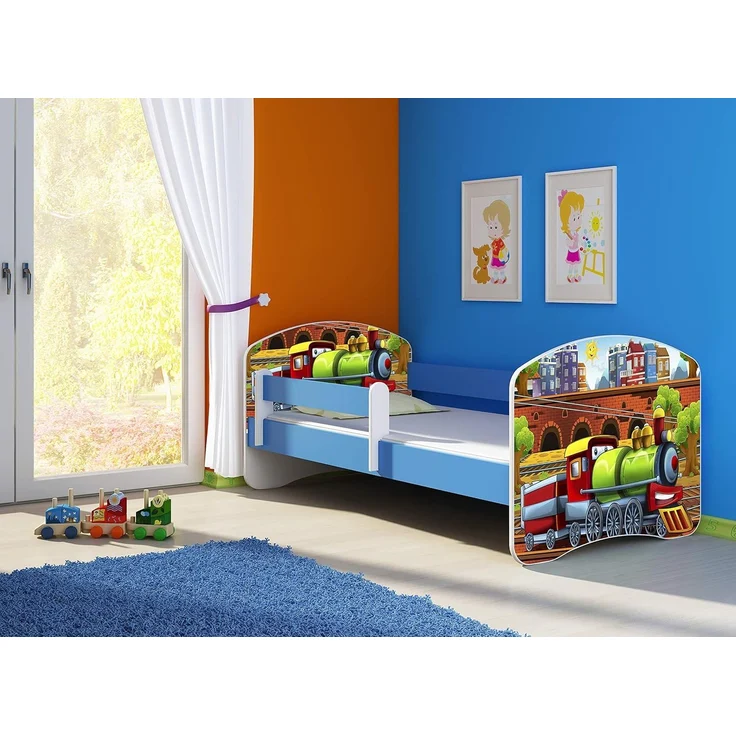 ACMA Kinderbett Jugendbett mit Einer Schublade und Matratze Blau mit Rausfallschutz Lattenrost II 140x70 160x80 180x80 (44 Lokomotive, 160x80) – Bild 2