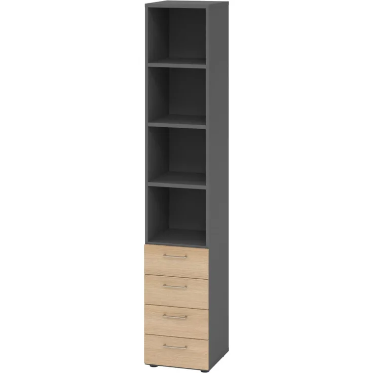 bümö smart Schubladenschrank, Büroschrank in Graphit/Eiche mit 4 Schüben & 4 Regalfächern - Bürocontainer aus Holz, Container mit Metallgriffen & Soft-Stop Schubladen, 964S4-G-E-BS