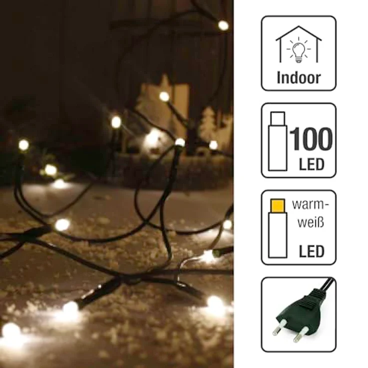 hellum LED Mini Lichterkette Innen, 100 mini LED Lichter, 1485cm beleuchtete Länge, Lichterkette Strom mit Stecker, Kabel grün, warmweiß Innen, für Weihnachtsbaum 577600 – Bild 5