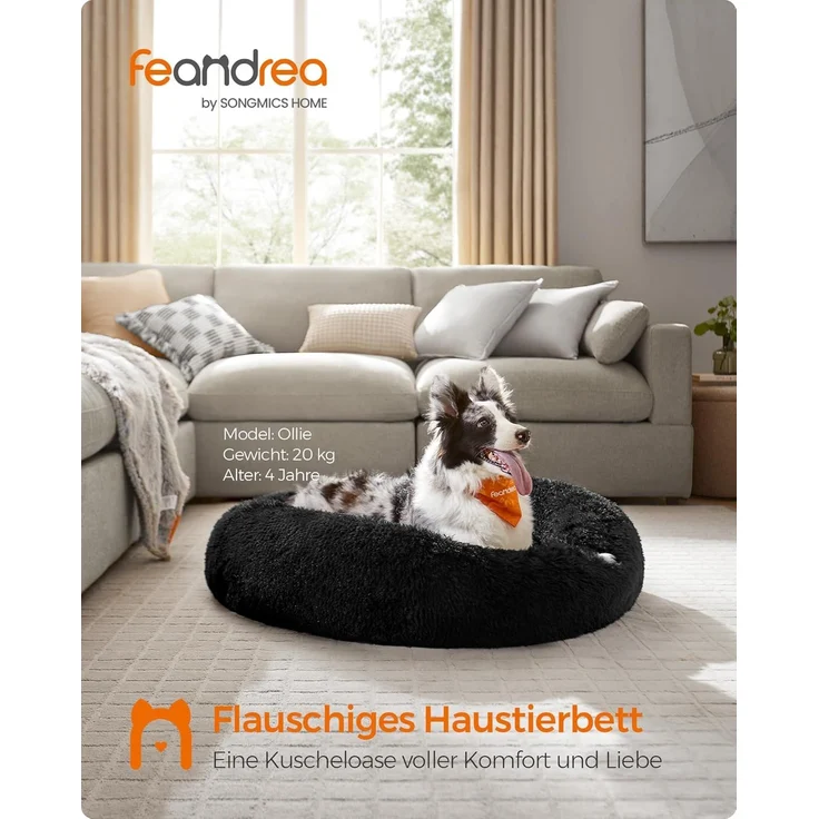 Feandrea Hundebett flauschig, Katzenbett, Donut Kissen, waschbar, Polsterung in der Mitte herausnehmbar, Langer Plüsch, 100 cm Durchmesser, tintenschwarz PGW042B01 – Bild 3