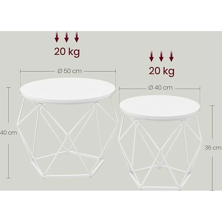 Vasagle Couchtisch rund 2er Set, abnehmbare Tischplatte, Holzspanplatte / Stahl schneeweiß-wolkenweiß – Bild 3