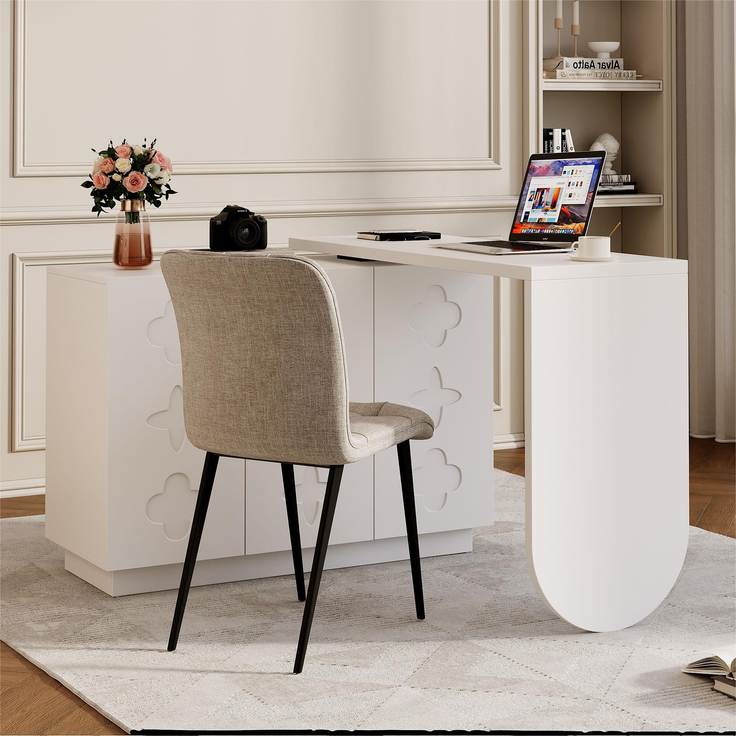 Schreibtisch, drehbarer L-förmiger Eck-Computertisch, Bürotisch, Frisiertisch, weiß 110 cm – Bild 4