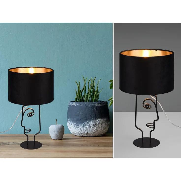 Tischleuchte, Metall, schwarz, Stoff, Gesicht-Design, H 42cm