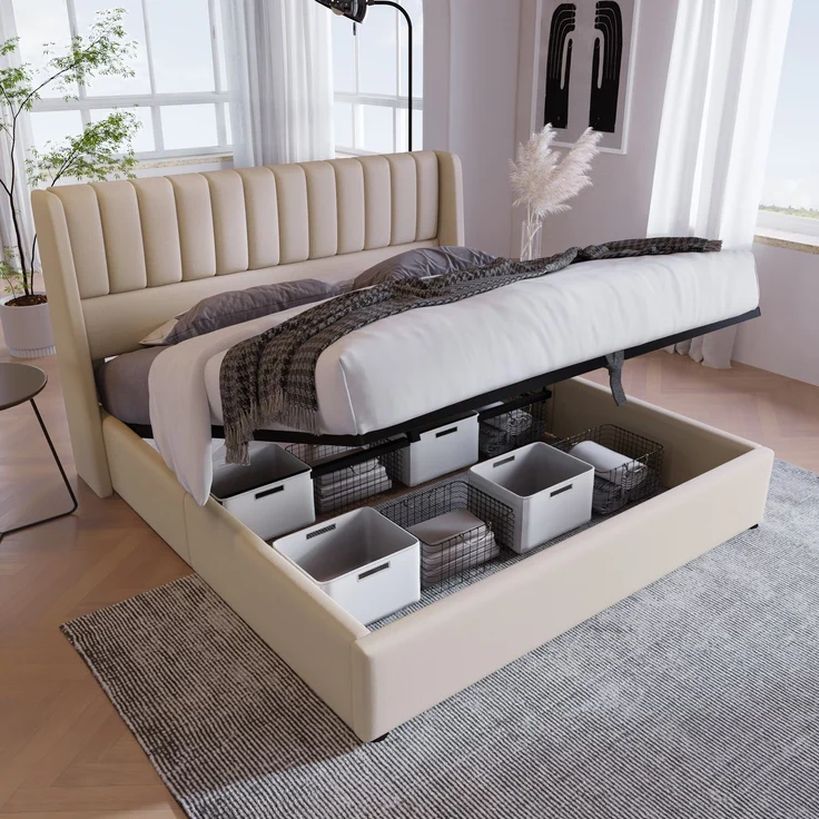 Stauraumbett Polsterbett 160x200 cm Doppelbett mit Hydrauliksystem, Lattenrost aus Holz und Metallrahmen, Leinen, Beige – Bild 3
