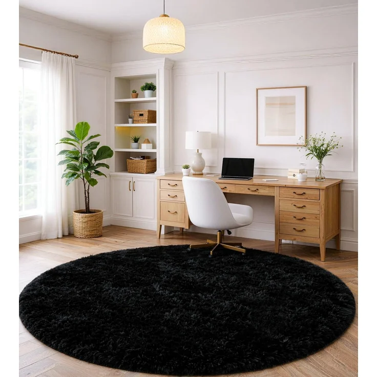 ROHATIM Teppich Schlafzimmer Rund 150 cm Schwarz Waschbar Rutschfester Runder Hochflorteppich Wohnzimmer Kinderzimmer Flauschig