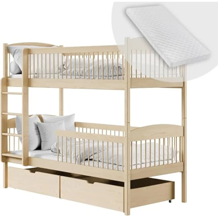 Kids Collective Kinderbett Hochbett Etagenbett 80x180, 90x190, 90x200 cm, mit 2 Schubladen, 90x190 cm von 4. bis 18. Lebensjahr, Natur, mit 2 Matratzen – Bild 2