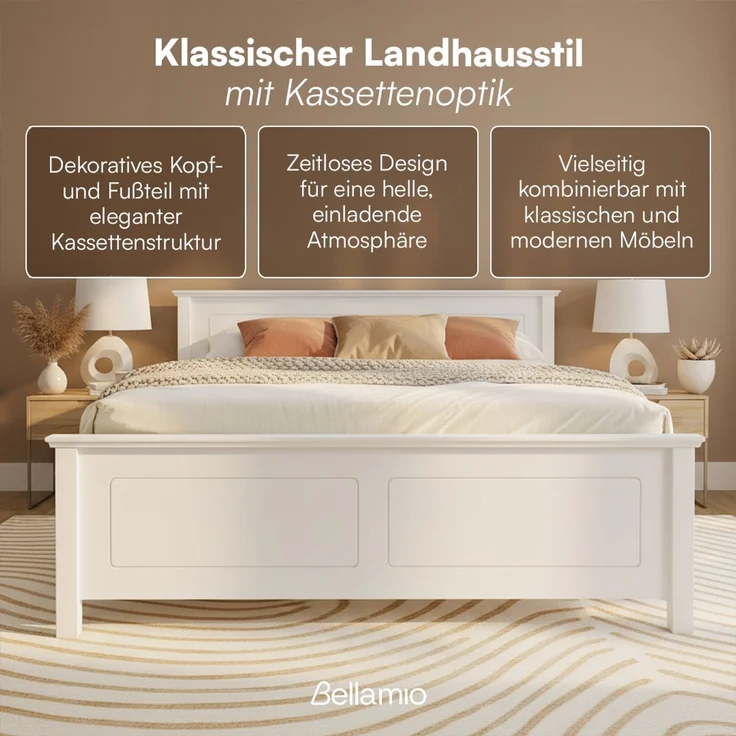 Bellamio 'Medje' Bett 160x200 cm in Kassettenoptik, Kiefer, weiß lackiert, Holzbett im Landhausstil mit Lattenrost, geeignet als Doppelbett – Bild 3