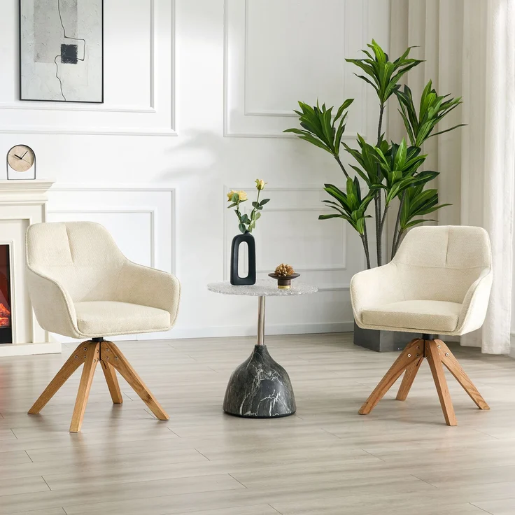 360° drehbarer Esszimmerstuhl mit Massivholzbeinen im 2er-Set, Bezogen mit beigem Stoffpolster, Schaumstoffsitz, ergonomisch geformte Rückenlehne, moderner, leicht luxuriöser Esszimmerstuhl.--Weiß, Holz--58x46x82cm--YOUDENOVA – Bild 3