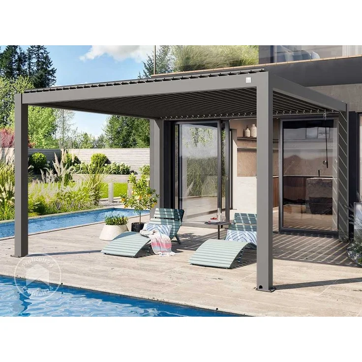 PRIMEYARD Pergola 4x4 m Aluminium Pfosten mit Lamellendach aus Aluminium graue Terrassenüberdachung – Bild 2