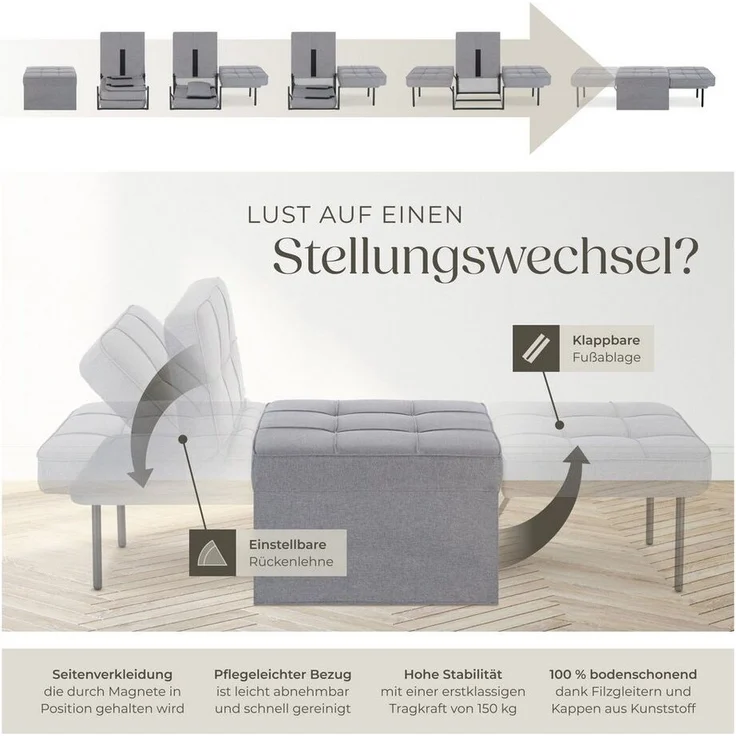 tectake Relaxsessel Schlafhocker, 4 in 1 als Hocker, Sessel, Lounger oder Bett – Bild 2