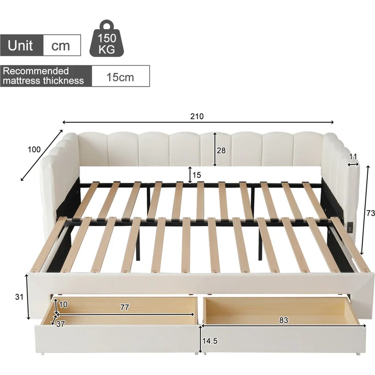 CHICFURN Ausziehbett 90/180x190 cm aus Leinen Beige mit 2 Schubladen und USB- und Type-C-Anschlüssen – Bild 10