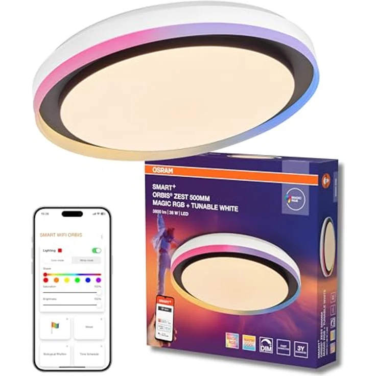 Osram SMART + WIFI LED Deckenleuchte, weiß/schwarz, 32W, 3400lm, Weißlichtfunktion, dimmbar, dynamischer Magic-RGB Lichteffekt, lange Lebensdauer, einfache Montage, App-steuerbar, 2700-6500K – Bild 6