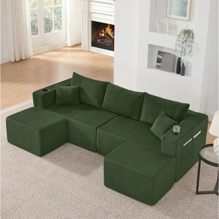 Ecksofa 3-Sitzer aus Cordstoff mit beweglichen Ottomanen, Getränkehaltern & Seitentaschen, 230×138×75 cm, Grün – Bild 2